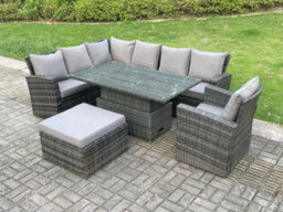 Fimous 8 Seater High Back Rattan Adjustable Rising Lifting Dining Table Corner Sofa Set Garden Furniture Set Left Hand - thumbnail 2