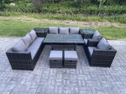 Fimous 10 Seater Garden Furniture Rattan Lounge Sofa Set Patio Rectangular Dining Table With 2 Armchair 2 Side Table 2 Stools - thumbnail 2