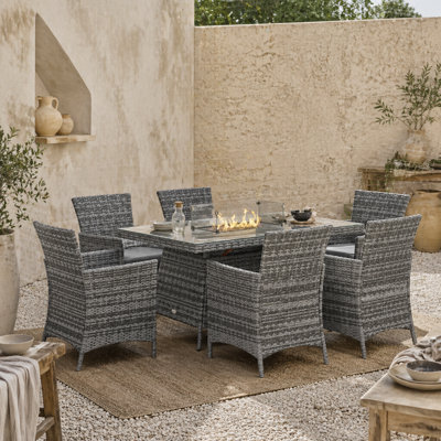 Wyld Haus Ravezi Rattan Grey 6-Seater Garden Dining Set With Central Fire Pit Table And Glass Windscreen - image 1