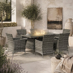 Wyld Haus Ravezi Rattan Grey 6-Seater Garden Dining Set With Central Fire Pit Table And Glass Windscreen - thumbnail 2