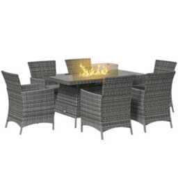 Wyld Haus Ravezi Rattan Grey 6-Seater Garden Dining Set With Central Fire Pit Table And Glass Windscreen - thumbnail 3