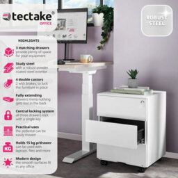 Tectake Chest Of Drawers Magna - 3 Locking Drawers, Powder-Coated Steel, 39 X 45 X 55 Cm - 1 - White - thumbnail 2