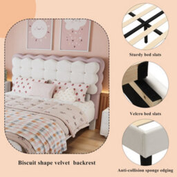 Abrihome Upholstered Bed, Children's Bed With Biscuit Shape Velvet Backrest, 4Ft6 Double Bed 135X190Cm - thumbnail 5