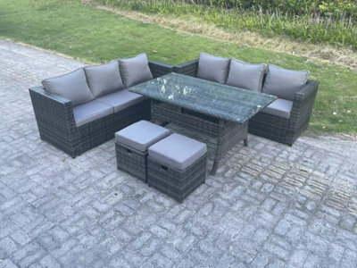 Fimous Pe Wicker Outdoor Garden Furniture Set Patio Rattan Rectangular Dining Table Lounge Sofa With 2 Small Footstool 8 Seater - image 1