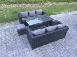 Fimous Pe Wicker Outdoor Garden Furniture Set Patio Rattan Rectangular Dining Table Lounge Sofa With 2 Small Footstool 8 Seater - thumbnail 3