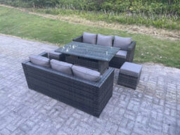 Fimous Pe Wicker Outdoor Garden Furniture Set Patio Rattan Rectangular Dining Table Lounge Sofa With 2 Small Footstool 8 Seater - thumbnail 2