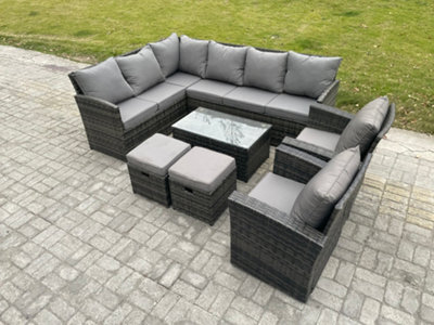 Fimous 10 Seater Rattan Lounge Corner Sofa Set Wicker Pe Outdoor Garden Furniture Set With Coffee Table 2 Small Footstools - image 1