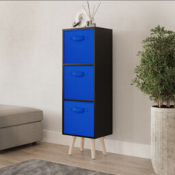 Urbn-Living Urbnliving 80Cm Height 3 Tier Black Wooden Storage Bookcase Scandinavian Style Pine Legs With Dark Blue Inserts
