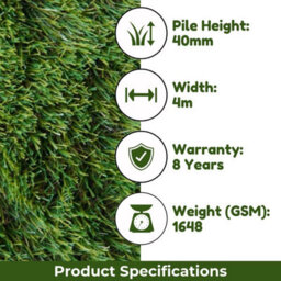 "Malaga 40mm Outdoor Artificial Grass, Value For Money, Pet-Friendly Artificial Grass For Lawn-9M(29'5"") X 4M(13'1"")-36M²" - thumbnail 2