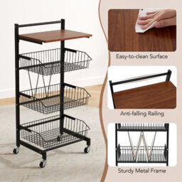 Costway Kitchen Storage Cart On Wheels Fruit And Vegetable Storage Cart-Black - thumbnail 6