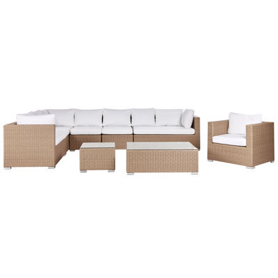 Beliani Garden Lounge Set With Table 8 Seater Xxl Right Hand Modular Pe Rattan Sand Beige - image 1