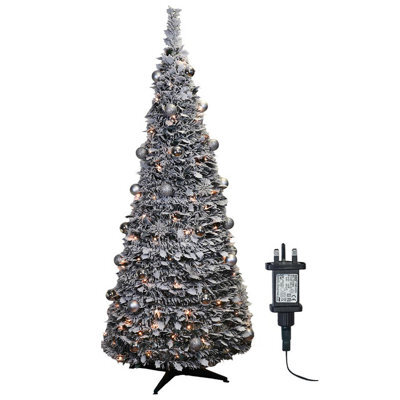 7Ft Pre-Lit Pop Up Frosted Christmas Tree With Assorted Silver Baubles & 200 Warm White Led Lights - H210 X 83Cm Diameter - image 1