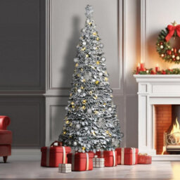 7Ft Pre-Lit Pop Up Frosted Christmas Tree With Assorted Silver Baubles & 200 Warm White Led Lights - H210 X 83Cm Diameter - thumbnail 7