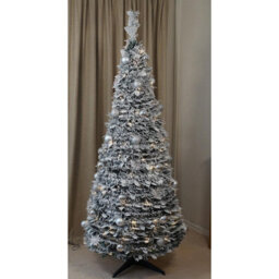 7Ft Pre-Lit Pop Up Frosted Christmas Tree With Assorted Silver Baubles & 200 Warm White Led Lights - H210 X 83Cm Diameter - thumbnail 2