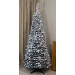 7Ft Pre-Lit Pop Up Frosted Christmas Tree With Assorted Silver Baubles & 200 Warm White Led Lights - H210 X 83Cm Diameter - thumbnail 3