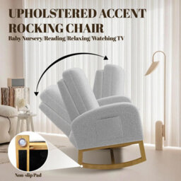 London Boutique Boucle Rocking Chair, High Back Nursing Chair, Teddy Accent Armchair, Wooden Base, Side Pocket, Light Grey - thumbnail 4