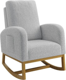 London Boutique Boucle Rocking Chair, High Back Nursing Chair, Teddy Accent Armchair, Wooden Base, Side Pocket, Light Grey - thumbnail 7