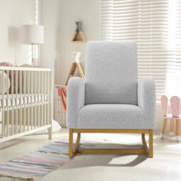 London Boutique Boucle Rocking Chair, High Back Nursing Chair, Teddy Accent Armchair, Wooden Base, Side Pocket, Light Grey - thumbnail 6