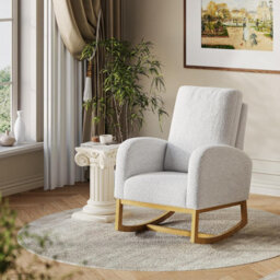 London Boutique Boucle Rocking Chair, High Back Nursing Chair, Teddy Accent Armchair, Wooden Base, Side Pocket, Light Grey - thumbnail 1