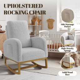 London Boutique Boucle Rocking Chair, High Back Nursing Chair, Teddy Accent Armchair, Wooden Base, Side Pocket, Light Grey - thumbnail 3