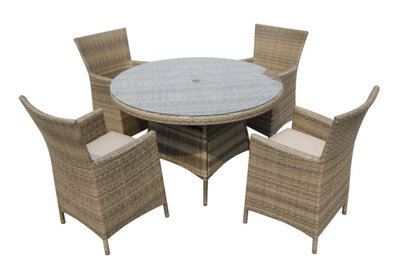 Furniture One Rattan Effect Natural Round 4 Seater Dining Set Table & Chair Set No Assembly & Aluminium Frame