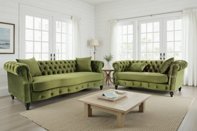 Sage Green Velvet 3 + 2 Seater Chesterfield Sofa Set For Living Room Richmond - image 1