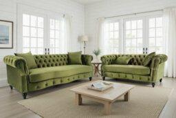 Sage Green Velvet 3 + 2 Seater Chesterfield Sofa Set For Living Room Richmond - thumbnail 1