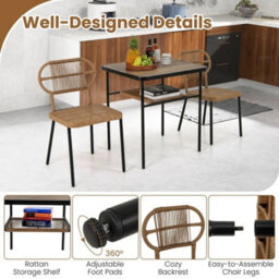 3 Piece Patio Dining Set 2 Space-Saving Wicker Breakfast Set - thumbnail 3