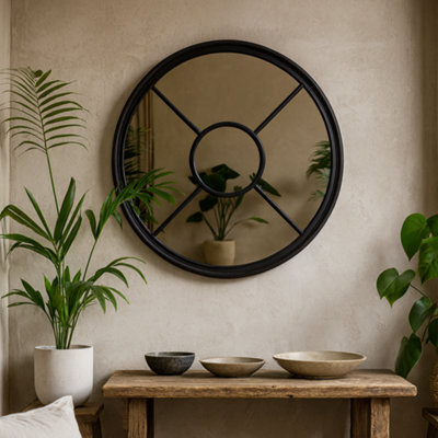 Wyld Haus Large Black Industrial Round Wooden Windowpane Mirror 1000mm - image 1