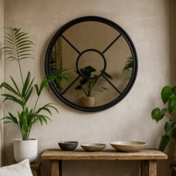 Wyld Haus Large Black Industrial Round Wooden Windowpane Mirror 1000mm