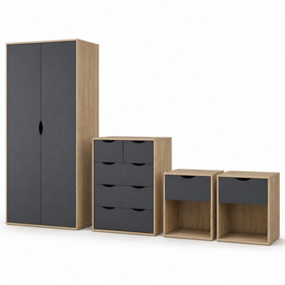 Afn Home Delvito 4 Piece Bedroom Set, 2 Door Wardrobe, 5 Drawer Chest & 2 Bedside Cabinets, Black/oak - image 1