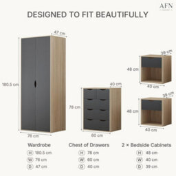 Afn Home Delvito 4 Piece Bedroom Set,  2 Door Wardrobe, 5 Drawer Chest & 2 Bedside Cabinets, Black/oak - thumbnail 7