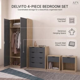 Afn Home Delvito 4 Piece Bedroom Set,  2 Door Wardrobe, 5 Drawer Chest & 2 Bedside Cabinets, Black/oak - thumbnail 8