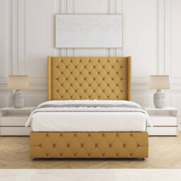 Bsspoke Faye Divan Bed Set Mustard Plush Velvet 54Inch Wingedback Headboard & Footboard & Mattress No Drawers In All Sizes - thumbnail 1