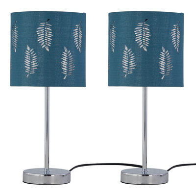 First Choice Lighting Set Of 2 Chrome Stick Table Lamps With Teal Fern Cut Out Shades - image 1