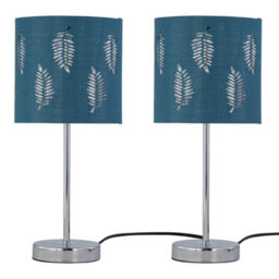First Choice Lighting Set Of 2 Chrome Stick Table Lamps With Teal Fern Cut Out Shades