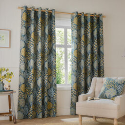 Wylder Ophelia Floral Jacquard Room Darkening Eyelet Curtain Pair Blue/saffron (W)117Cmx (D)137Cm