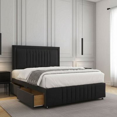 REGIONAL FURNISHINGS Black Plush Velvet Upholstered Divan Bed Set 24Inch Headboard & Footboard 2Drawersfootend & Mattress In 4Ft 4Ft6 5Ft 6Ft - image 1