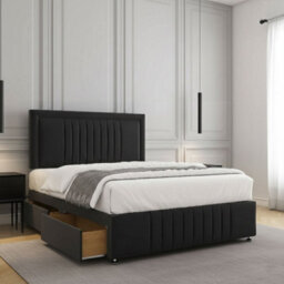 REGIONAL FURNISHINGS Black Plush Velvet Upholstered Divan Bed Set 24Inch Headboard & Footboard 2Drawersfootend & Mattress In 4Ft 4Ft6 5Ft 6Ft