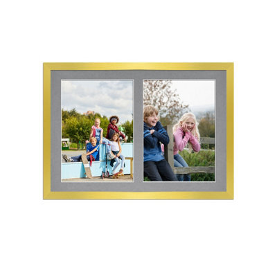 AK Frames 20X14 Gold Sleek Multi Photo Frame With Mid Grey Mount - Holds 2 Apertures (2X) A4 Photos - image 1