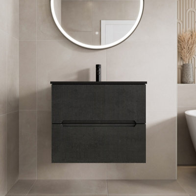 Affine 600mm Bathroom Cloakroom Vanity Unit Basin Sink Wall Hung Fluted Black Unit - image 1