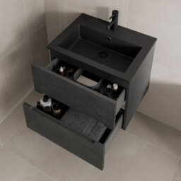 Affine 600mm Bathroom Cloakroom Vanity Unit Basin Sink Wall Hung Fluted Black Unit - thumbnail 3