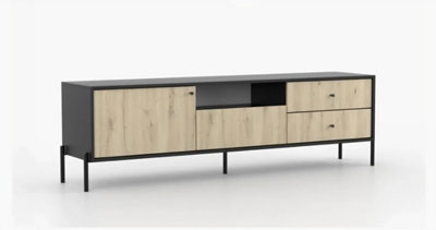 Arte Ravi Tv Cabinet - Black Frame & Oak Artisan Front W200 X H60 X D40 Cm - Sleek Media Storage With Drawer & Open Niche - image 1