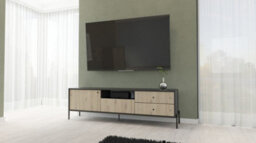Arte Ravi Tv Cabinet - Black Frame & Oak Artisan Front W200 X H60 X D40 Cm - Sleek Media Storage With Drawer & Open Niche - thumbnail 3