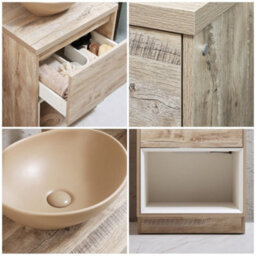 Homestylestore Light Oak 600mm Led Lit Bathroom Vanity Unit Oval Sand Countertop Basin Open Shelf - thumbnail 2