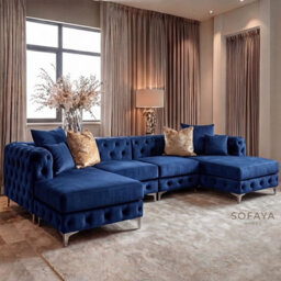 Monaco 4 Seater Chesterfield Chaise Sofa Blue Velvet U Shaped Chaise- Deep Buttoned Cushions Upholstery Couch Lounge - thumbnail 1