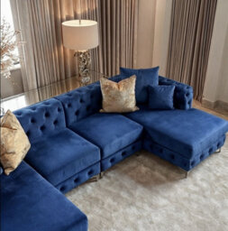 Monaco 4 Seater Chesterfield Chaise Sofa Blue Velvet U Shaped Chaise- Deep Buttoned Cushions Upholstery Couch Lounge - thumbnail 3