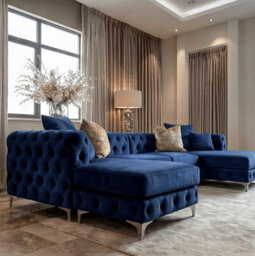 Monaco 4 Seater Chesterfield Chaise Sofa Blue Velvet U Shaped Chaise- Deep Buttoned Cushions Upholstery Couch Lounge - thumbnail 5