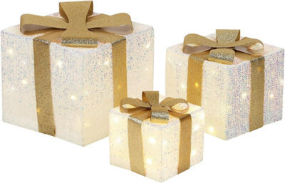 Set Of 3 Light-Up Christmas Gift Boxes With 50 Warm White Led Lights Battery-Powered Xmas Decor White Flash Cloth With Gold Ribbon - image 1