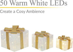 Set Of 3 Light-Up Christmas Gift Boxes With 50 Warm White Led Lights Battery-Powered Xmas Decor White Flash Cloth With Gold Ribbon - thumbnail 3